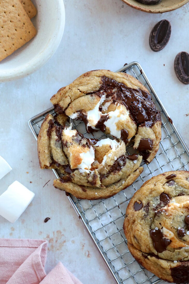 These utterly decadent s’mores chocolate chip cookies are inspired by those nostalgic campfire s’mores and made into a bakery-style dessert.