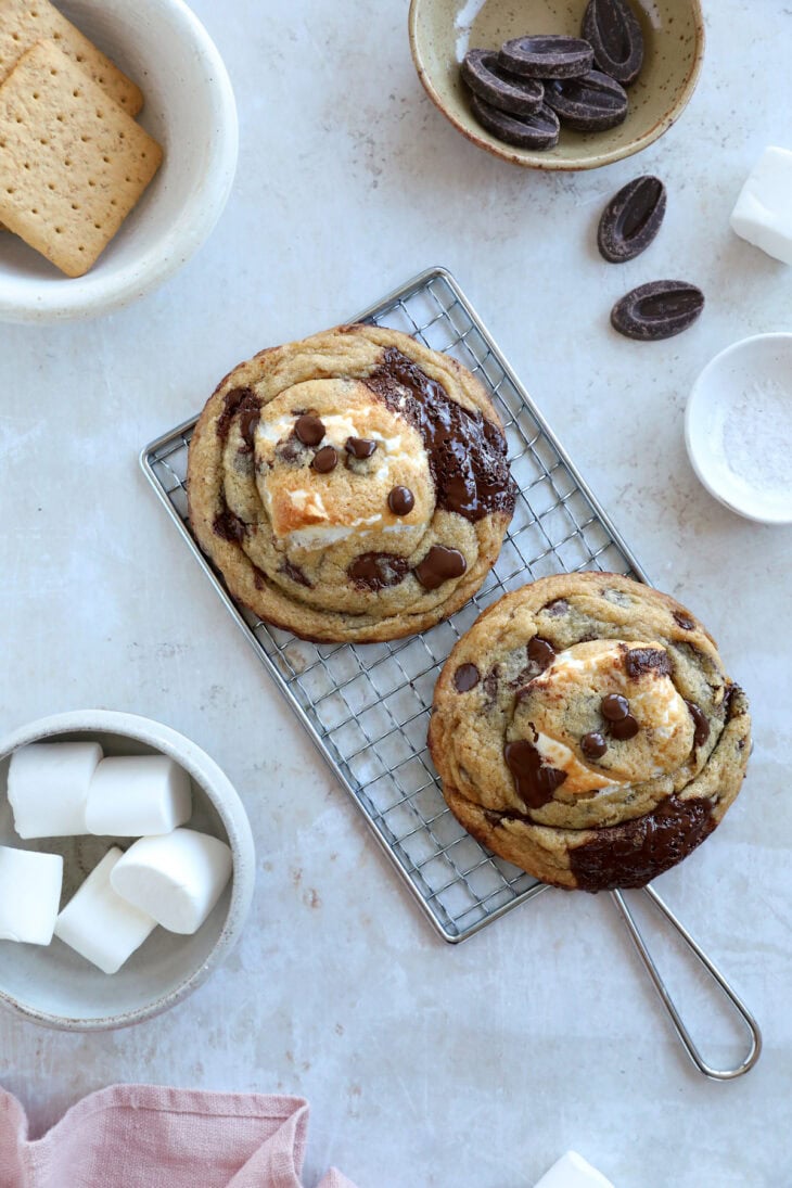 These utterly decadent s’mores chocolate chip cookies are inspired by those nostalgic campfire s’mores and made into a bakery-style dessert.